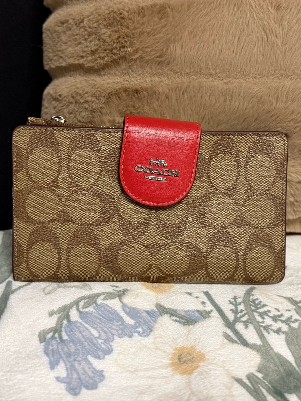 Coach Brown Signature Canvas Wallet with Red Leather Accent